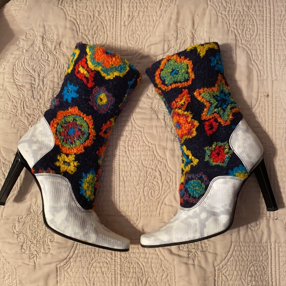 White Snake Python & Multicolor Tweed Ankle Boots - image 4